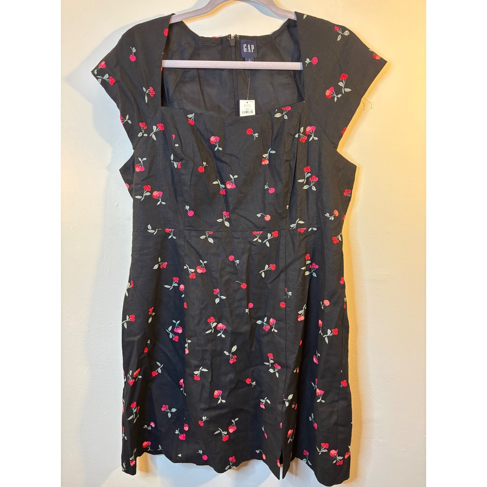 NEW GAP Black Linen Blend Cherry Print Mini Dress L Square‎ Neck